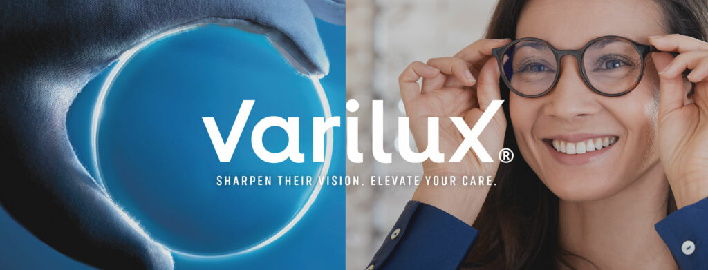 Varilux promotivni vizual: naočarno staklo i žena koja podešava naočare